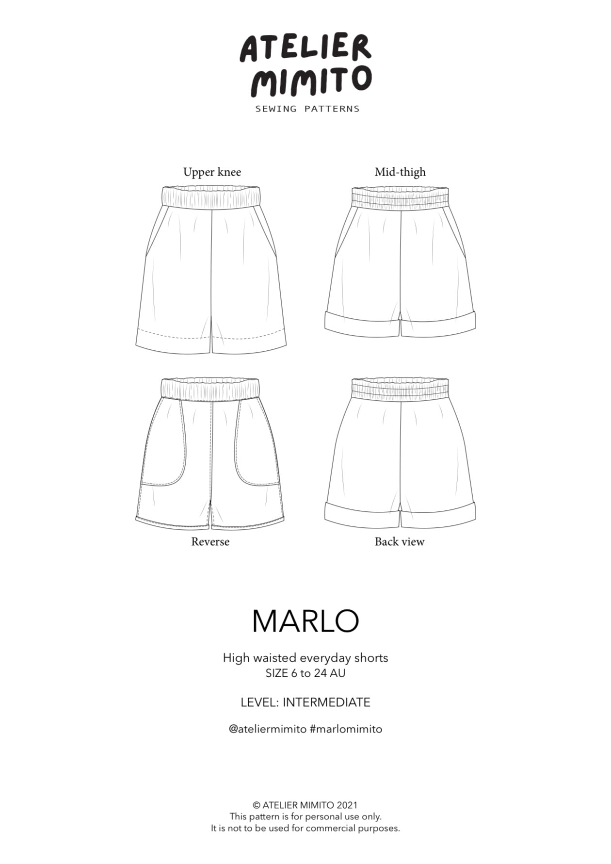 MARLO High waisted everyday shorts PDF Sewing Pattern Atelier MIMITO