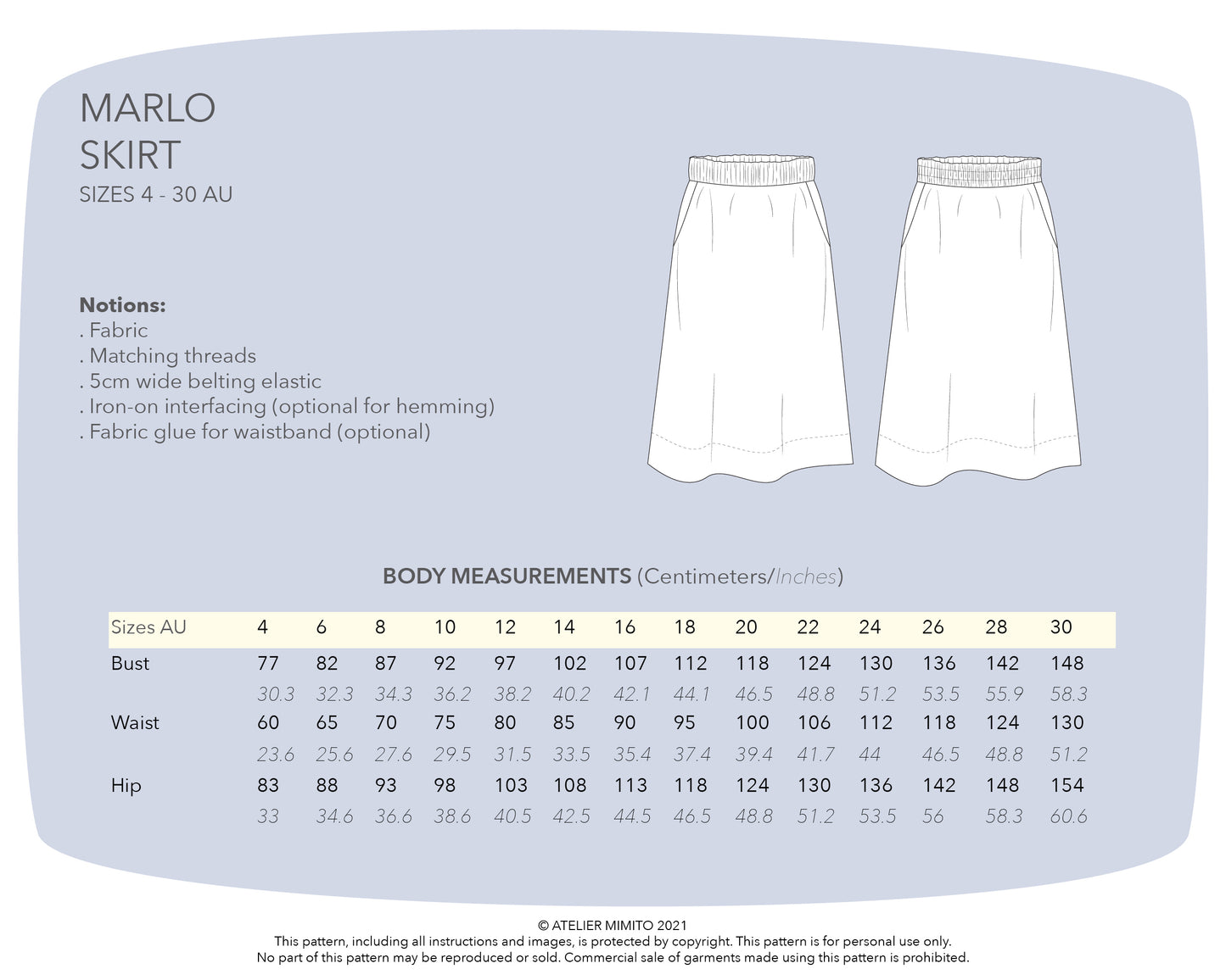 MARLO Women High Waisted Everyday Skirt PDF Sewing Pattern