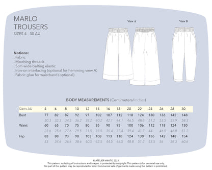 MARLO Women High Waisted Everyday Trousers PDF Sewing Pattern